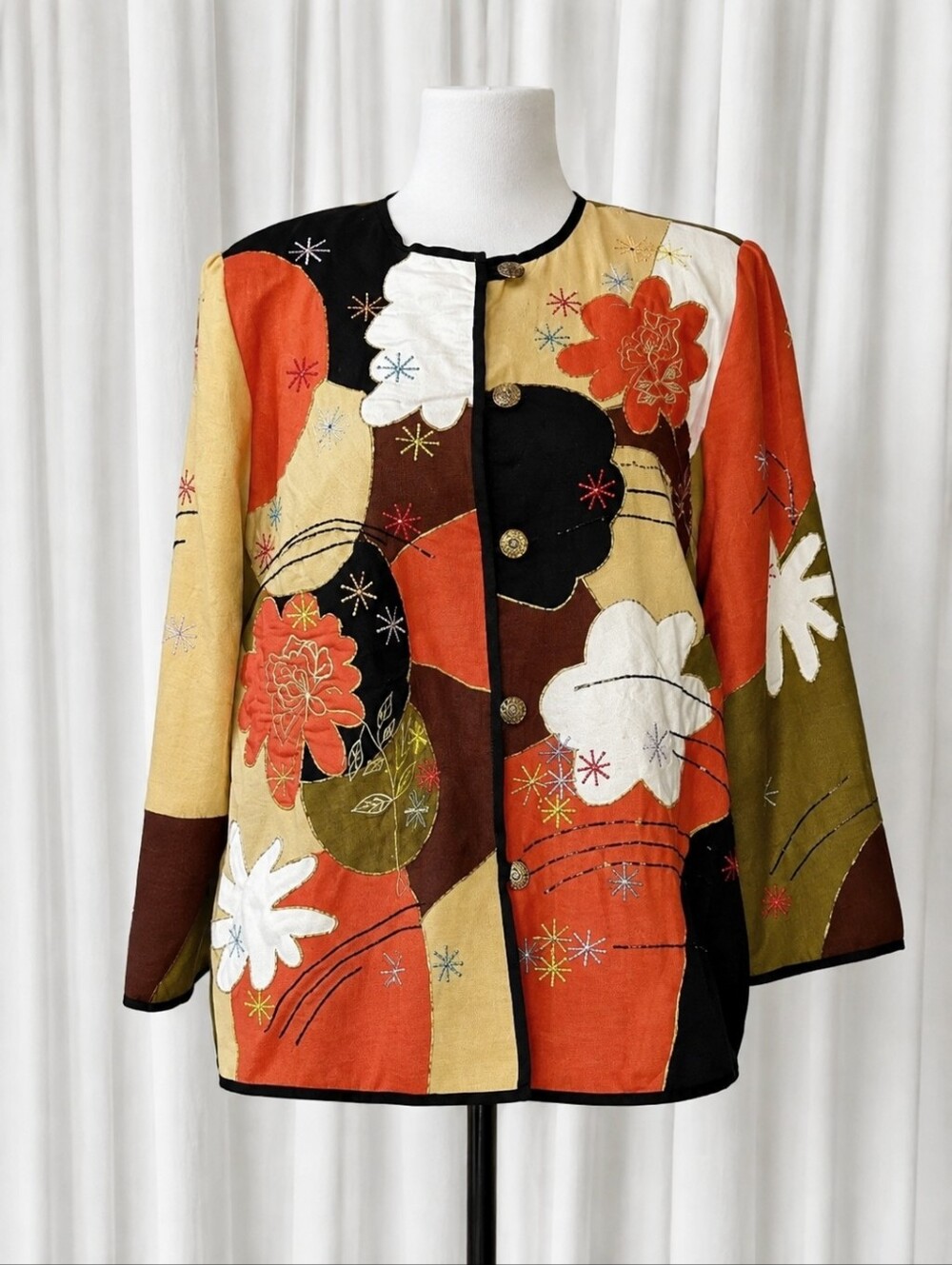 Vintage Indigo Moon Autumn Floral Patchwork Embroidered Beads Artsy Boho Jacket